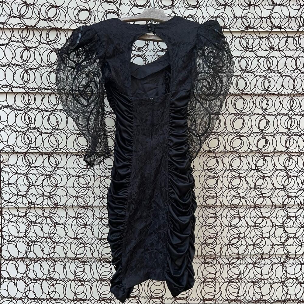80s Mayvens of California Black Ruched Bodycon Dress Sheer Sequin Puff Sleeve 3 - Picture 2 of 7
